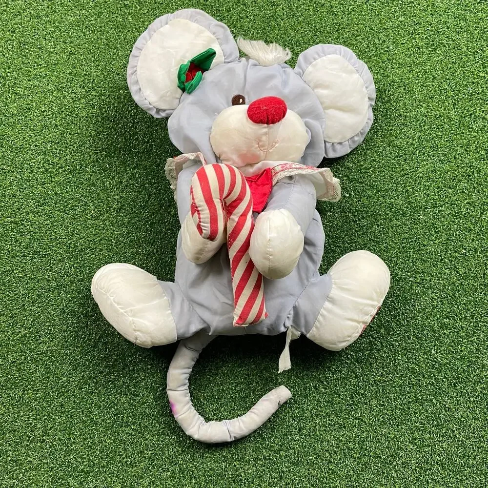 Vintage 1987 Fisher Price Puffalump Christmas Mouse Plush Holding Candy Cane